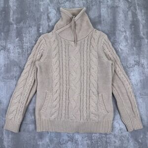 LL Bean Signature Sweater Womens Medium Cable Knit Funnel Neck Cotton Pocket